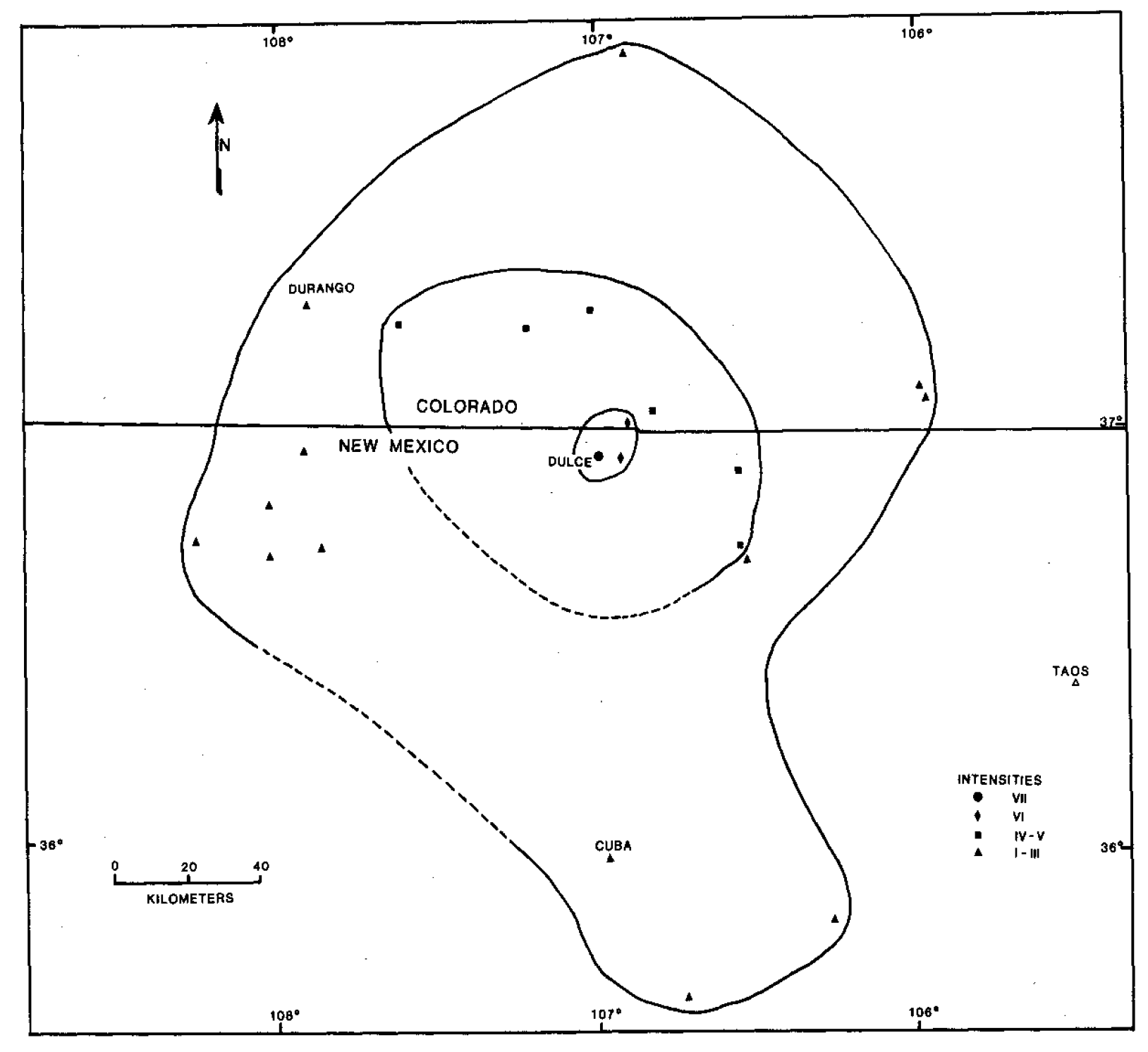 Figure 4. Modified Mercalli intensity map for the Dulce, New Mexico earthquake of
                              Jan 23, 1966; The earthquake caused damage to homes, schools and other public buildings
                               with the maximum modified Mercalli intensity VII+; courtesy of Hoffman and Northrop
                                (1977) and Seismological Research Letters.